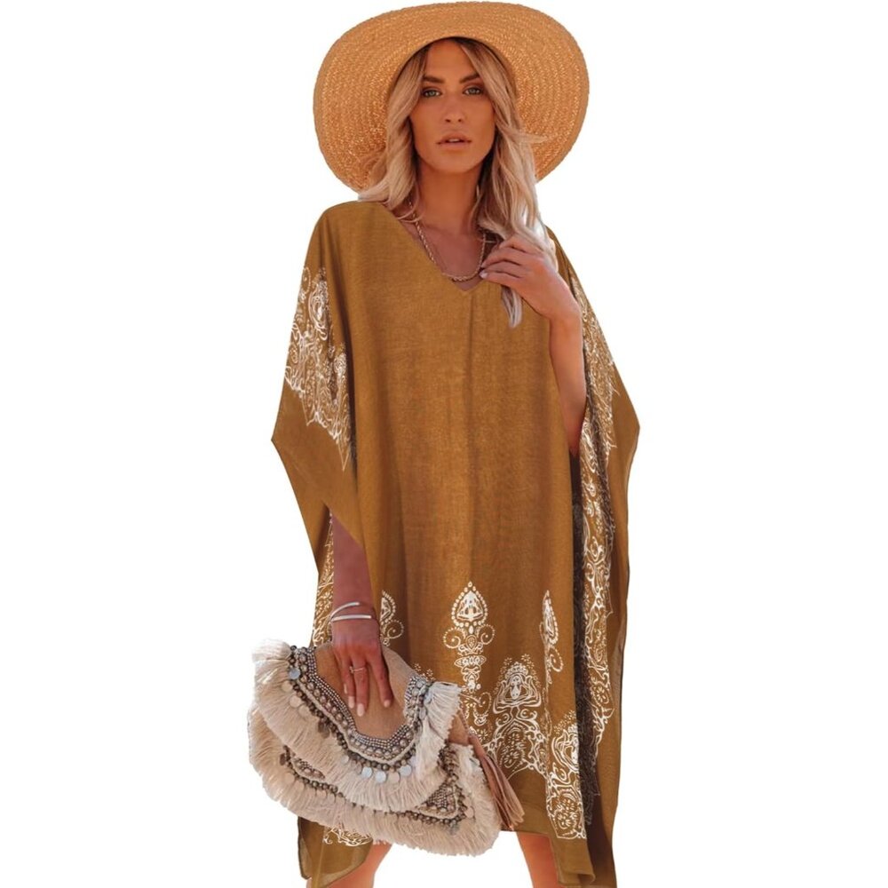 Women's Khaki 100% Viscose Kaftan For Bathing Swimsuit Floral Pattern Dress
